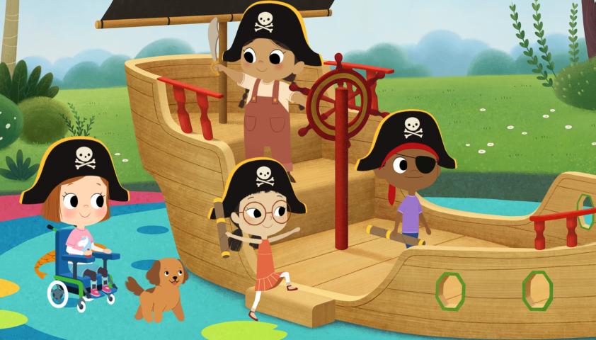 A group of children dressed up as pirates, playing on an playground pirate ship.
