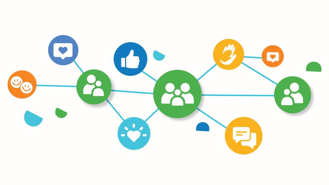 A series of circles connected by blue lines with graphics depicting smiley faces, people, thumbs up and hearts